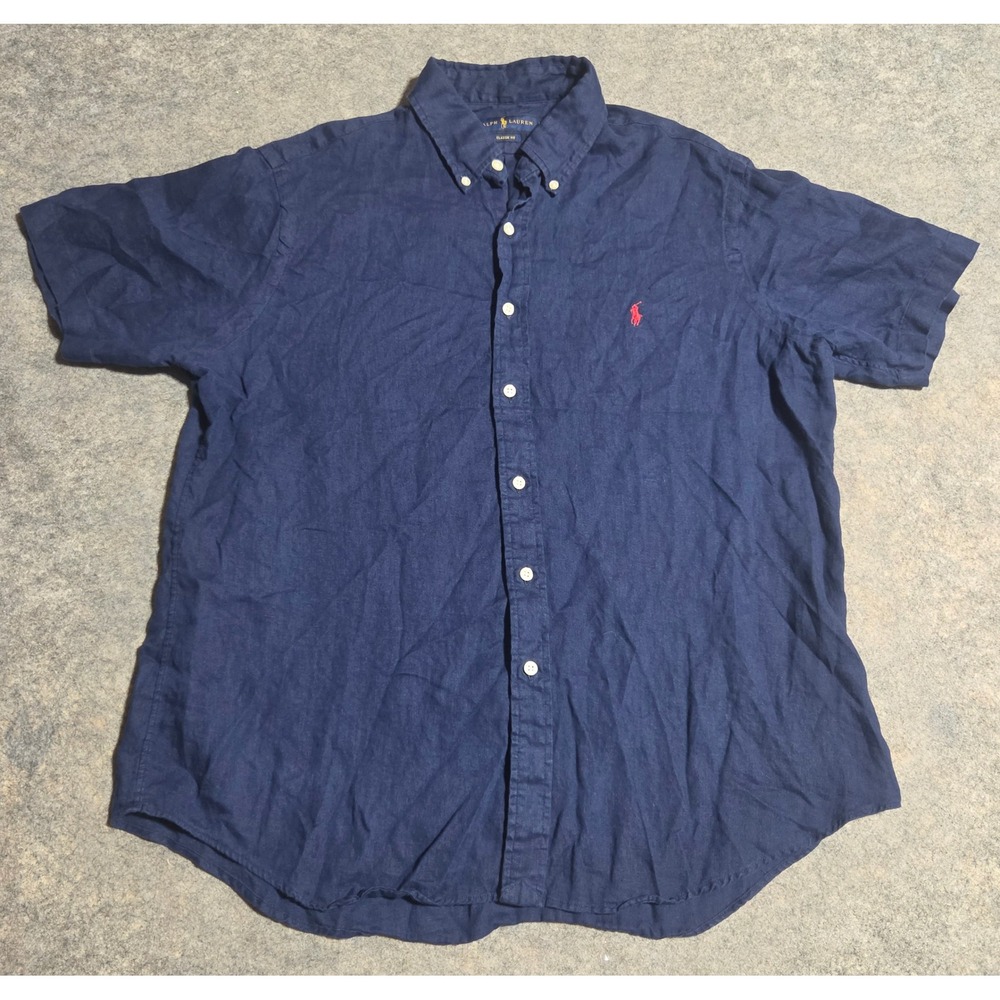 Polo Ralph Lauren Mens Large Navy Blue 100% Linen Short Sleeve Button Down Shirt